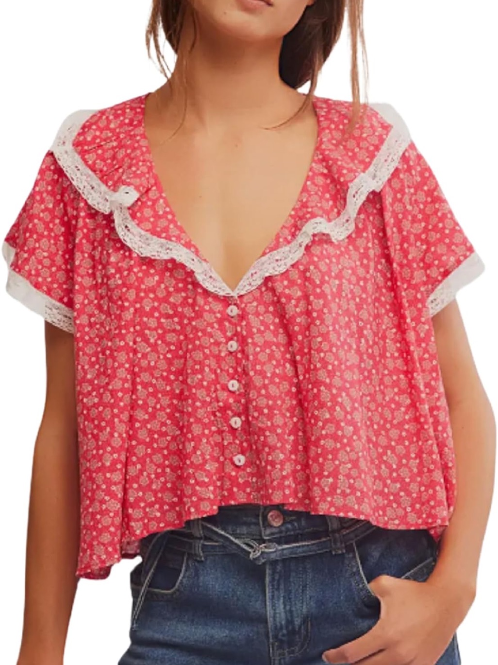 Free People Daisy Floral Flutter Top With Lace Trim Vintage Red Size Medium